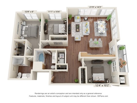 Floor plan for 3 beds, 2 baths, 1399 sqft